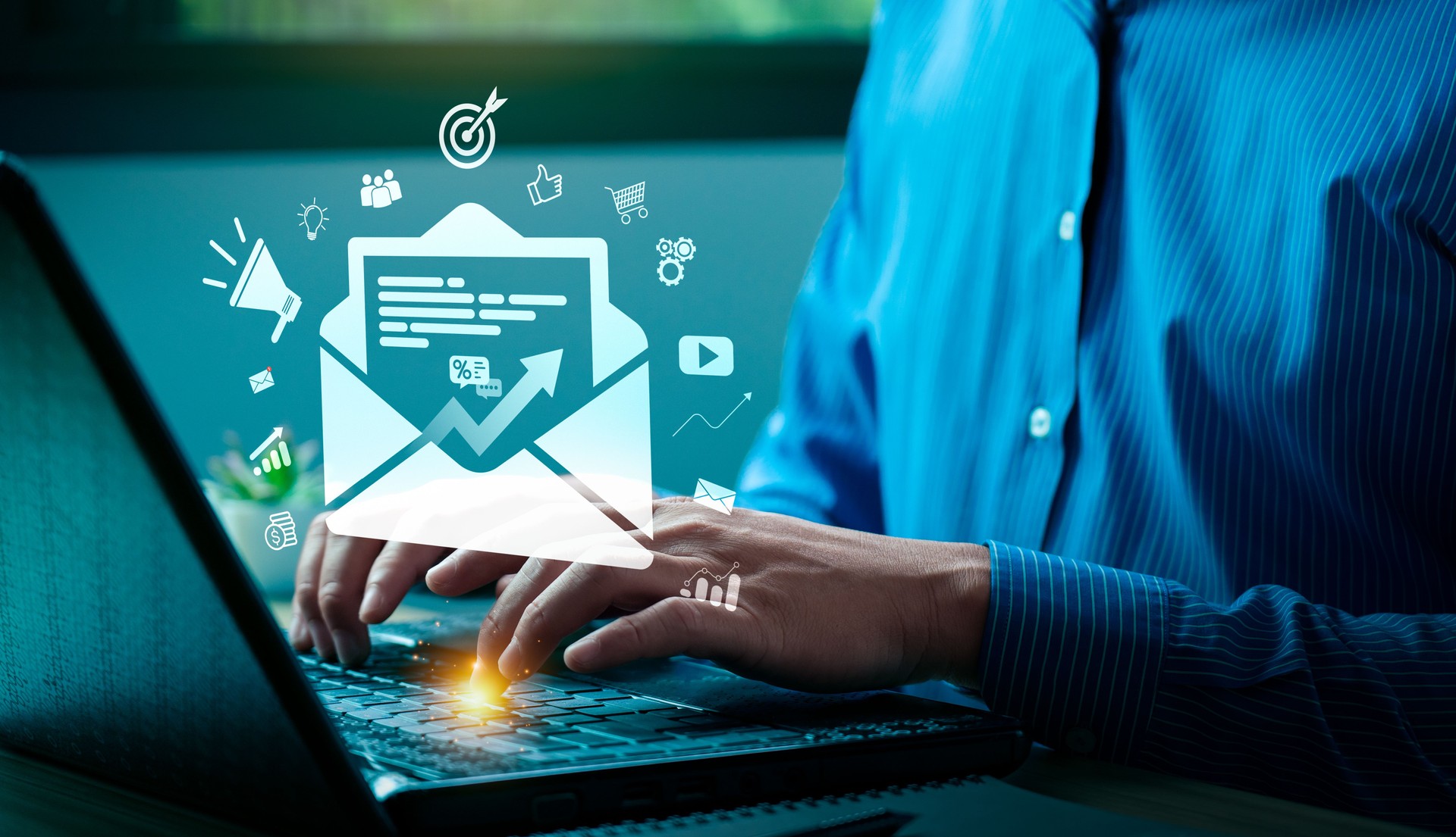 Digital Email Marketing Concept with Business Professional Using Laptop to Optimize Campaigns, Analyzing Data, Growth, Communication, and Online Targeted Strategies, digital marketing Social media